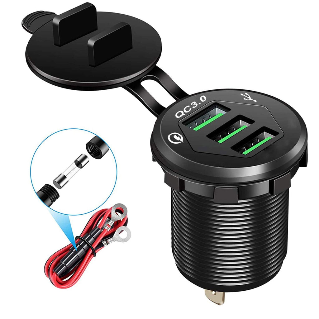 [Australia - AusPower] - 3 USB 3.0 Car Charger, 12V/24V 36W QC3.0 USB Charger Socket, 3 x USB 3.0 Socket Charger USB Outlet Fast Charge with 10A Wire Fuse Aluminum (Black) Black 