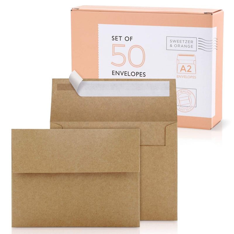 [Australia - AusPower] - Sweetzer & Orange A2 Envelopes (50 with Box). Brown Envelopes Self Seal. Luxury 150gsm For Greeting Card Envelopes and Invitation Envelopes 4.375 x 5.75 RSVP Envelopes, Plain Kraft Envelopes. Set of 50 Kraft Brown 