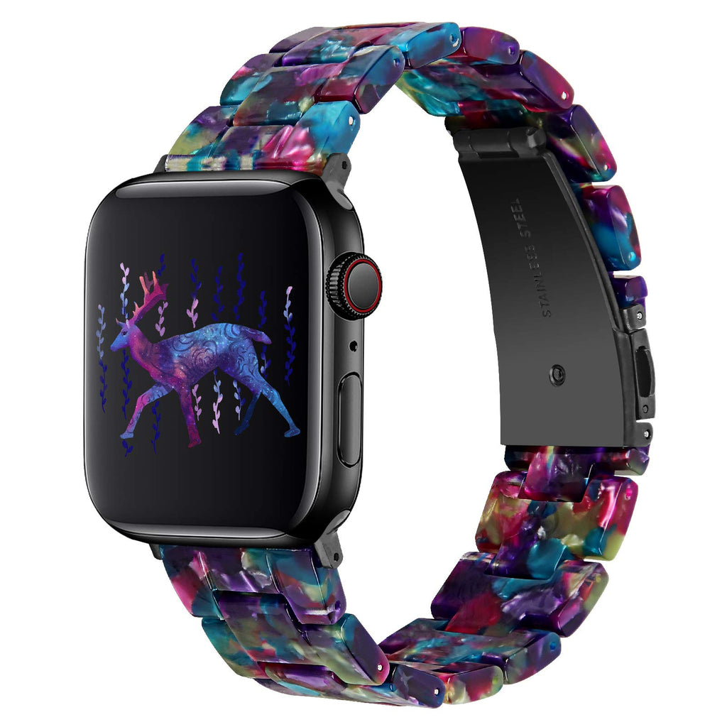 [Australia - AusPower] - OULUCCI Compatible with Apple Watch Bands 41mm 40mm 38mm 45mm 44mm 42mm, Fashion Resin iWatch Bands Bracelet with Stainless Steel Buckle for Apple Watch Series 7/ 6 / SE / 5/4, Series 3 2 1 (Flower Purple Green, 38mm/40mm) Flower Purple Green 