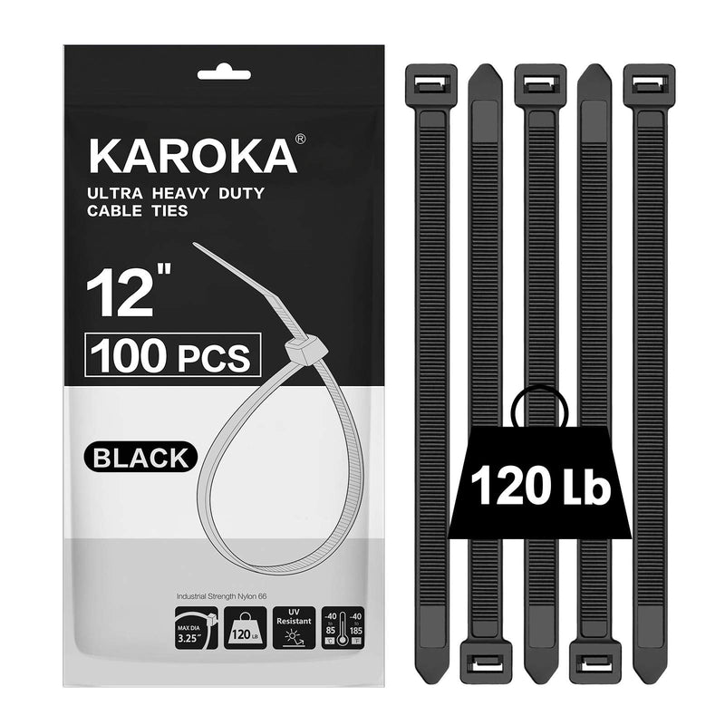 [Australia - AusPower] - Zip Ties 12 inch Heavy Duty Zip Ties with 120 Pounds Tensile Strength, Black Cable Ties, 100 Pieces ,by Karoka 12" 120lb (100 Pack) 