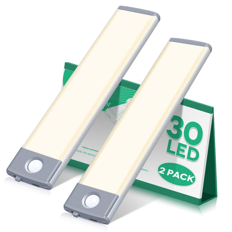 [Australia - AusPower] - Led Under Cabinet Lighting Motion Sensor Under Counter Light with 1000mah Rechargeable Battery, 30 LEDs Wireless Cabinet Lighting for Kitchen, Drawer, Warm White 2Pack 8inch-30LED 