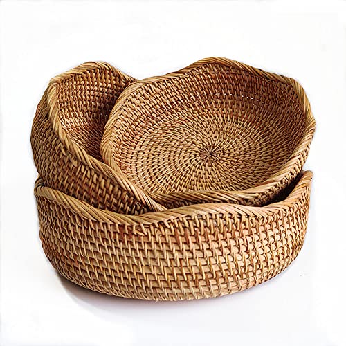 [Australia - AusPower] - Rattan Round Fruit Baskets, Wicker Storage Bowls, Natural Woven Serving Basket Bowls, Decorative Baskets for Kitchen Counter Organizing, set of 3 Wave 