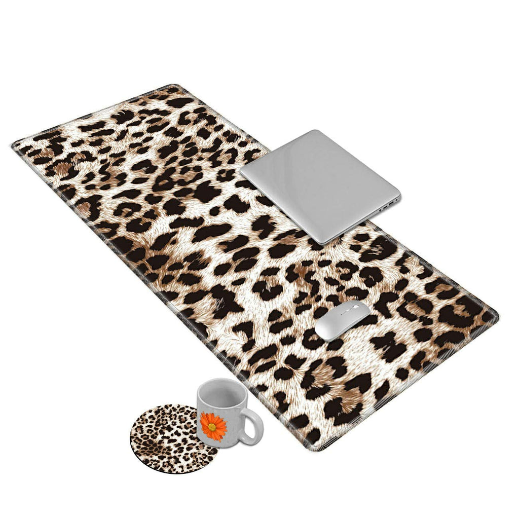[Australia - AusPower] - Desk Mat Gaming Mouse pad for Laptop, Leopard Fur Customized Design Printed Desk pad, Home Office Accessories, with Sunflower Coasters and Cute Stickers 