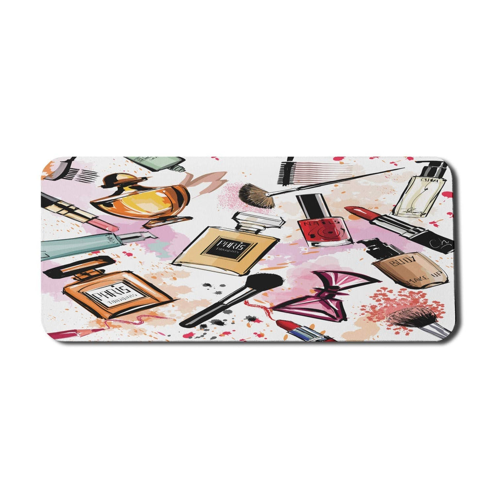 [Australia - AusPower] - Ambesonne Fashion Computer Mouse Pad, Cosmetic and Makeup Theme Pattern Perfume Lipstick Nail Polish Brush Modern, Rectangle Non-Slip Rubber Mousepad X-Large, 35" x 15" Gaming Size, Coral White 