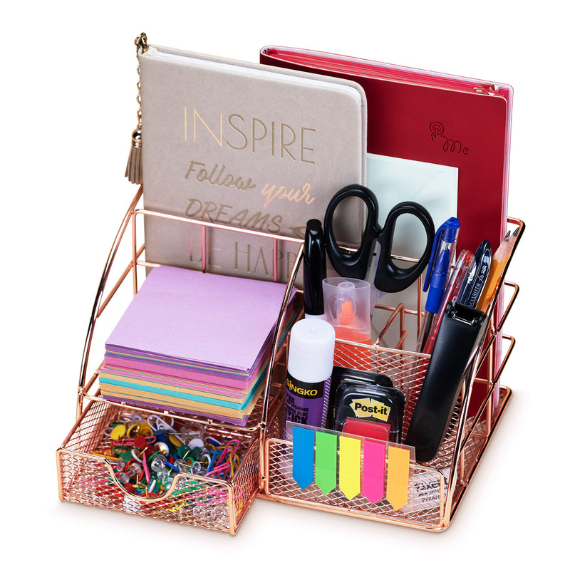 [Australia - AusPower] - Rose Gold Desk Organizer for Women Cute Home Office Accessories & Supplies Decor, Girly Desktop Stationary Essentials Organization Set, Mesh Caddy Storage 5 Compartments +1 Mini Sliding Drawer Rose Gold Small 8.7x5.5x5 