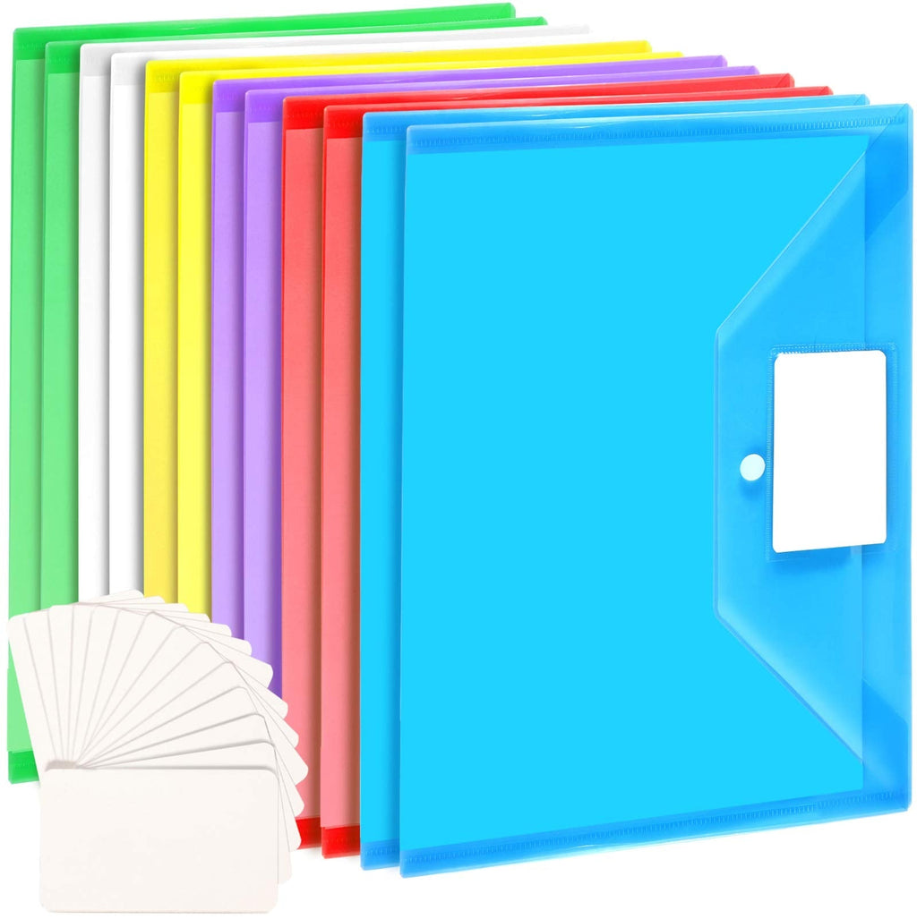 [Australia - AusPower] - 12 Pack Plastic Envelopes, LEOBRO A4 Size Plastic Folders with Pocket, Document File Folders with Snap Closure, Poly Envelopes for School Home Work Office, with 20 PCS Label Cards 