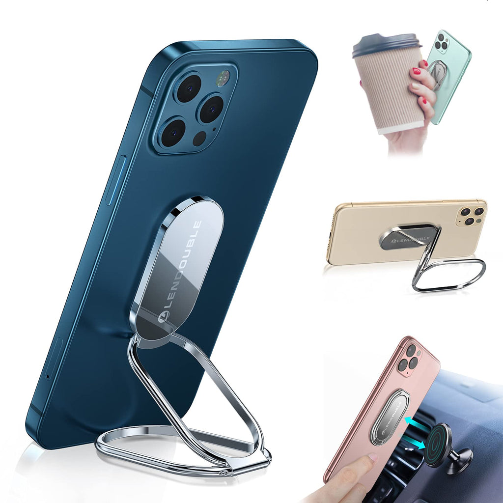 [Australia - AusPower] - Foldable Cell Phone Stand for Desk, Adjustable Cellphone Ring Holder Finger Kickstand for Office Desktop & Magnetic Car Mount, Rotatable Multi-Angle Hand Grip for iPhone 13 and Smartphones Back Case Silver 