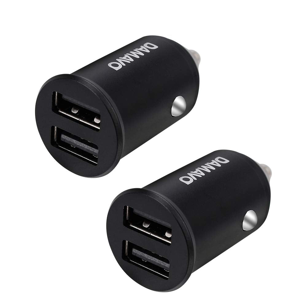[Australia - AusPower] - Car Charger, DAMAVO Mini 4.8 A Metal Dual USB Car Charger, Power Drive 2 Alloy Flush Fit Car Adapter with Blue LED 2 Port Charging Compatible with iPhone XR/Xs/Max/X, iPad Pro/Mini, Galaxy, LG (2 PCS) 