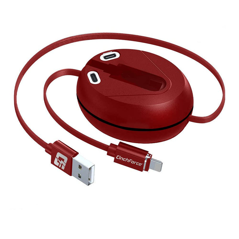 [Australia - AusPower] - CinchForce 3-in-1 Multiple USB Charger/Data Cable, Retractable 3.4 Feet Cable with Magnetic Adapters for Type-C, iProduct, Micro-USB - Red 
