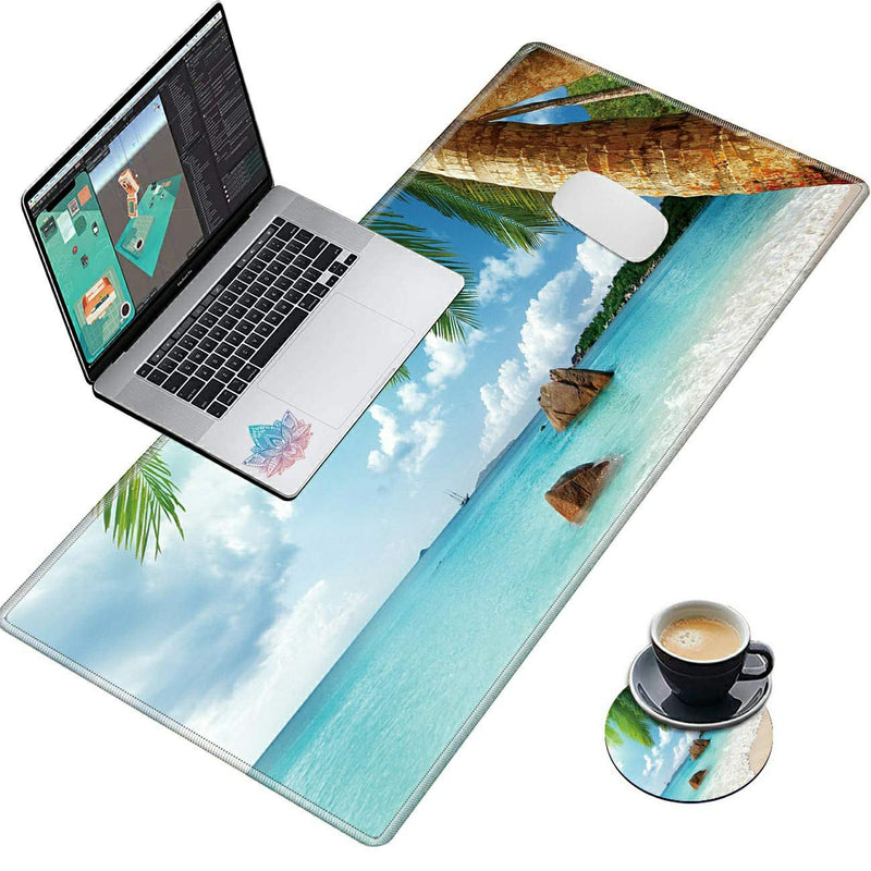 [Australia - AusPower] - Desk Mat, Multifunctional Desk Pad for Keyboard and Mouse, with Cute Coasters and Mandala Stickers with Stitched Edges Non Slip Base Laptop Mouse pad for Office and Home, Seaside Tropical Palm Tree 