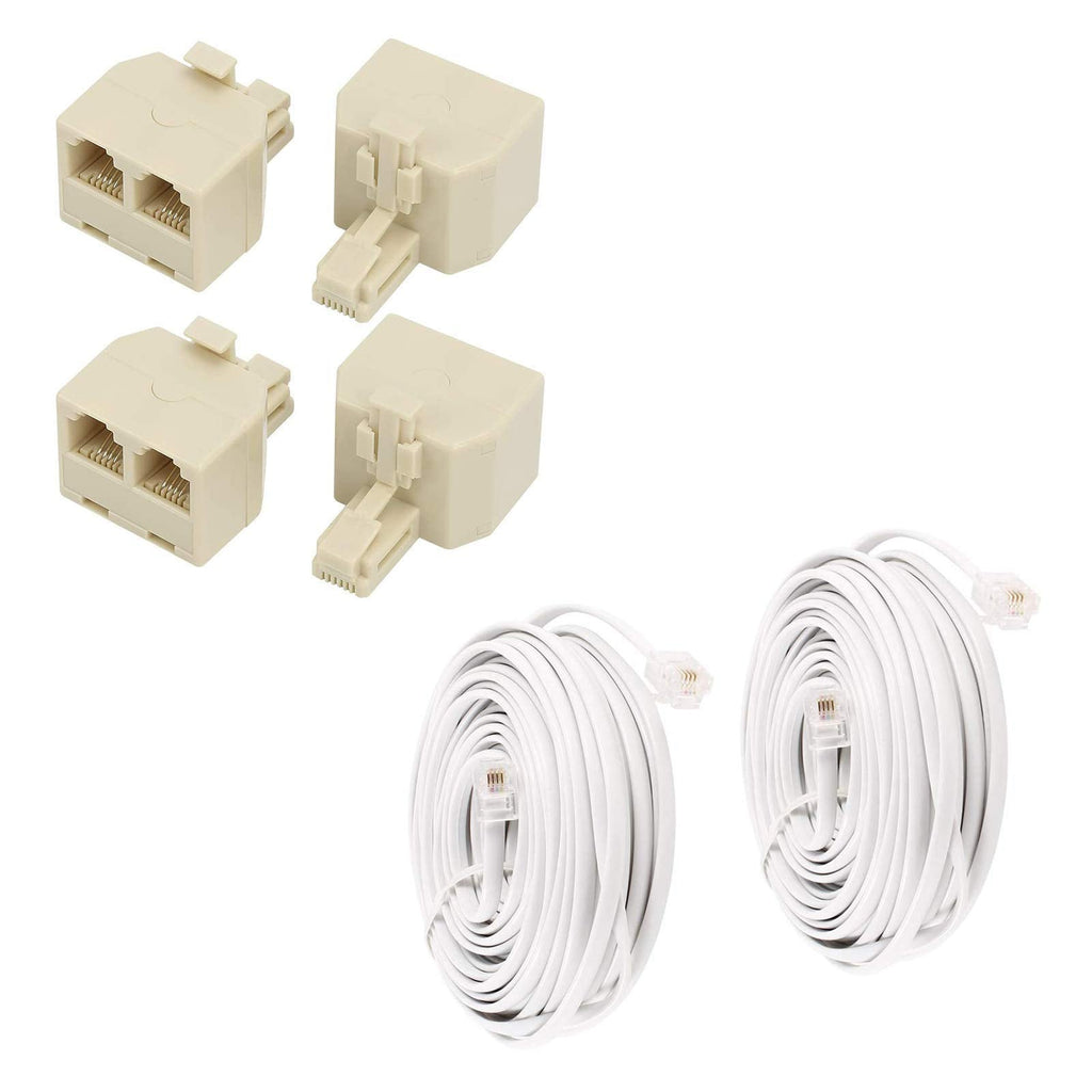 [Australia - AusPower] - Uvital 15 Feet Telephone Landline Extension Cord Cable Line Wire (White 4.6M, 2Pack) with RJ11 Duplex Wall Jack Adapter Dual Phone Line Splitter Wall Jack Plug 1 to 2 Modular Converter (4 Packs) 