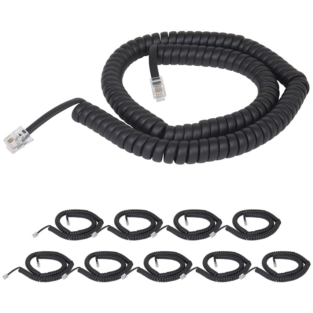 [Australia - AusPower] - Coiled Telephone Handset Cord for Use with PBX Phone Systems, VoIP Telephones - 12 Ft Uncoiled, Rj22, 1.5 Inch Lead on Both Ends, Flat Black, 10-Pack 