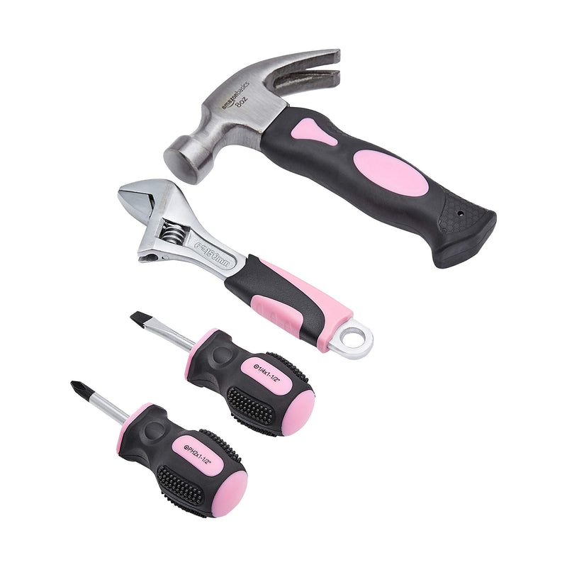 [Australia - AusPower] - Amazon Basics 4-Piece Stubby Tool Set with Hammer, Screwdrivers and Adjustable Wrench - Pink 