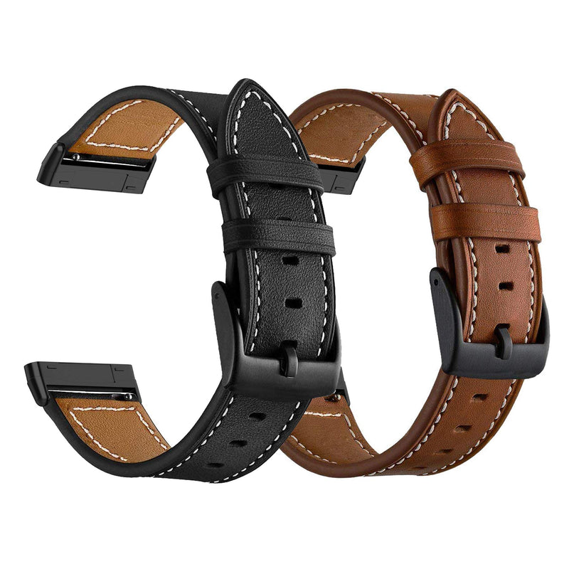 [Australia - AusPower] - LDFAS Leather Band Compatible for Fitbit Sense/Versa 3 Bands, (2 Pack) Women Men Accessory Watch Strap with Black Metal Buckle Compatible for Fitbit Sense, Versa 3 Smartwatch, Brown+Black Brown+Black (Black Buckle) 
