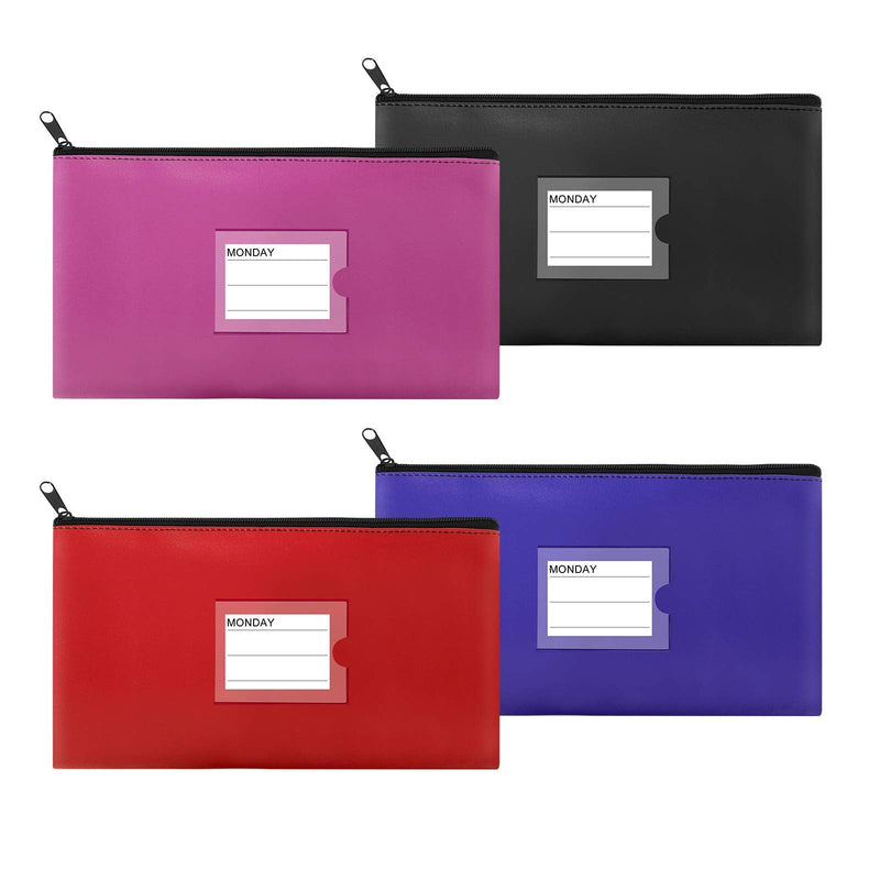 [Australia - AusPower] - Sinzip 4 Pack Bank Deposit Money Bag, Heavy Duty Leatherette Security Zipper Wallet with Clear Window, Pencil Pouch, Coin Bag, Cash Bag, Tool Pouch, Assorted Colors (4 Pack) 