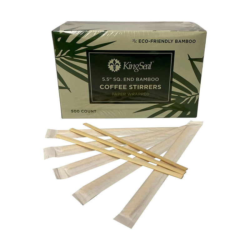 [Australia - AusPower] - KingSeal Individually Paper Wrapped Bamboo Coffee Stir Sticks, 5.5 inches, Square End, 100% Renewable and Biodegradable - 1 Box of 500 Stirrers 