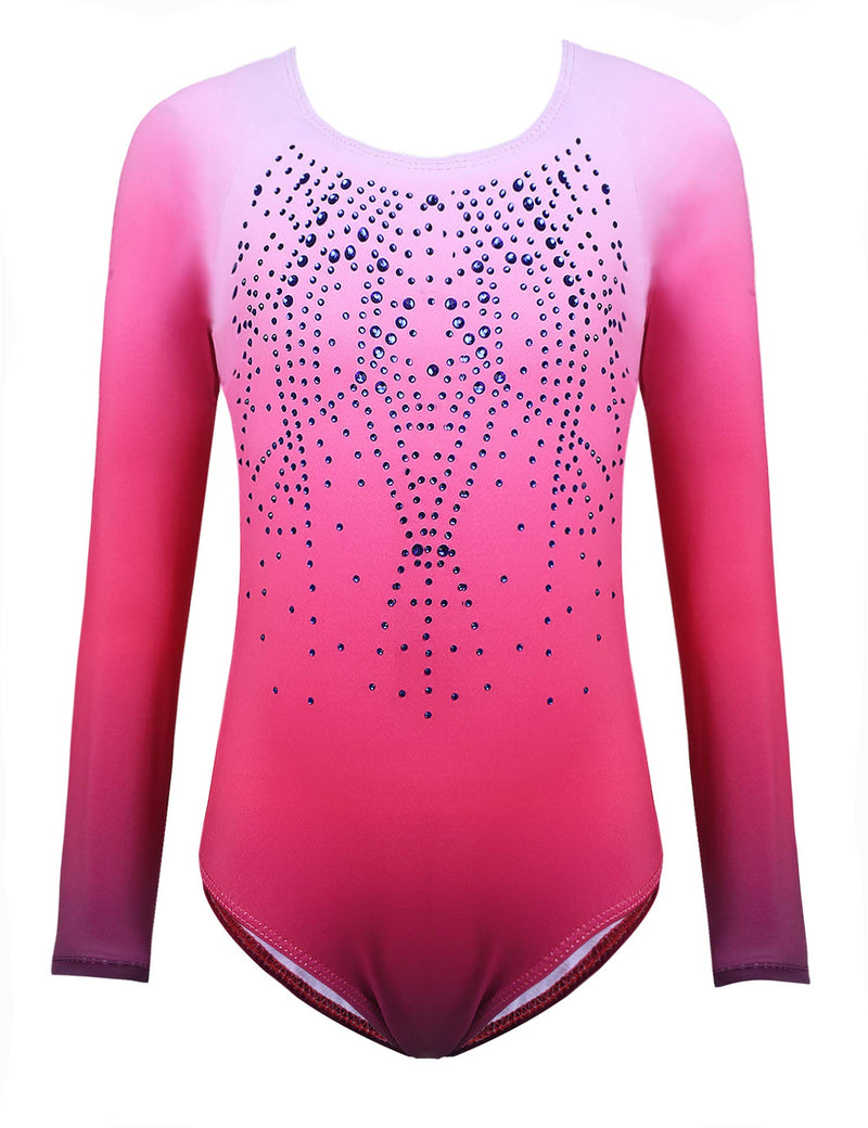 [Australia - AusPower] - Arshiner Kid Girls Long Sleeve Color Gradient Gymnastics Leotard Shiny Diamond Ballet Dance One Piece Outfit 7-8 Years Rose Red 