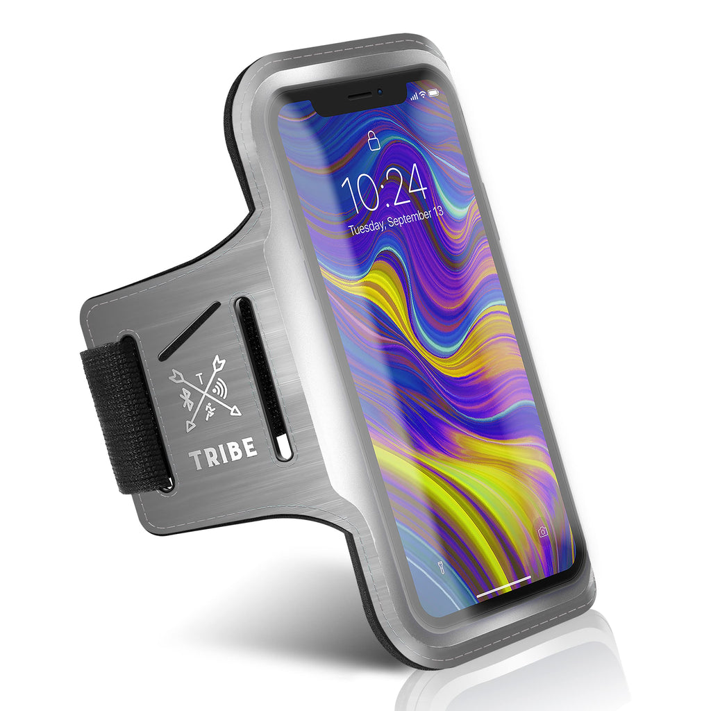 [Australia - AusPower] - TRIBE Running Phone Holder Armband. iPhone & Galaxy Cell Phone Sports Arm Bands for Women, Men, Runners, Jogging, Walking, Exercise & Gym Workout. Fits All Smartphones. Adjustable Strap, CC/Key Pocket M: iPhone Pro/X/XS/Galaxy S (Not Plus) Grey 