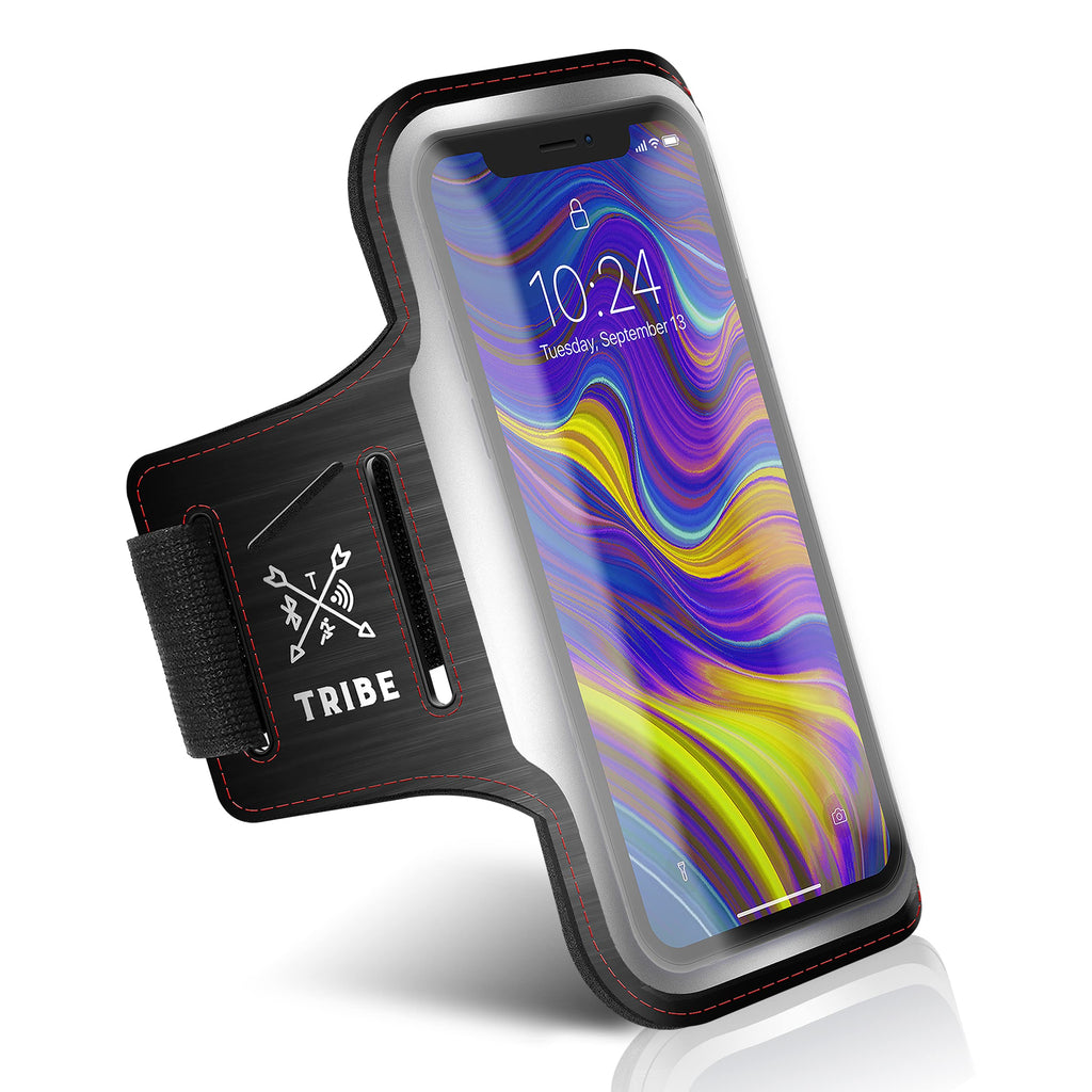 [Australia - AusPower] - TRIBE Running Phone Holder Armband. iPhone & Galaxy Cell Phone Sports Arm Bands for Women, Men, Runners, Jogging, Walking, Exercise & Gym Workout. Fits All Smartphones. Adjustable Strap, CC/Key Pocket M: iPhone Pro/X/XS/Galaxy S (Not Plus) Black Red 