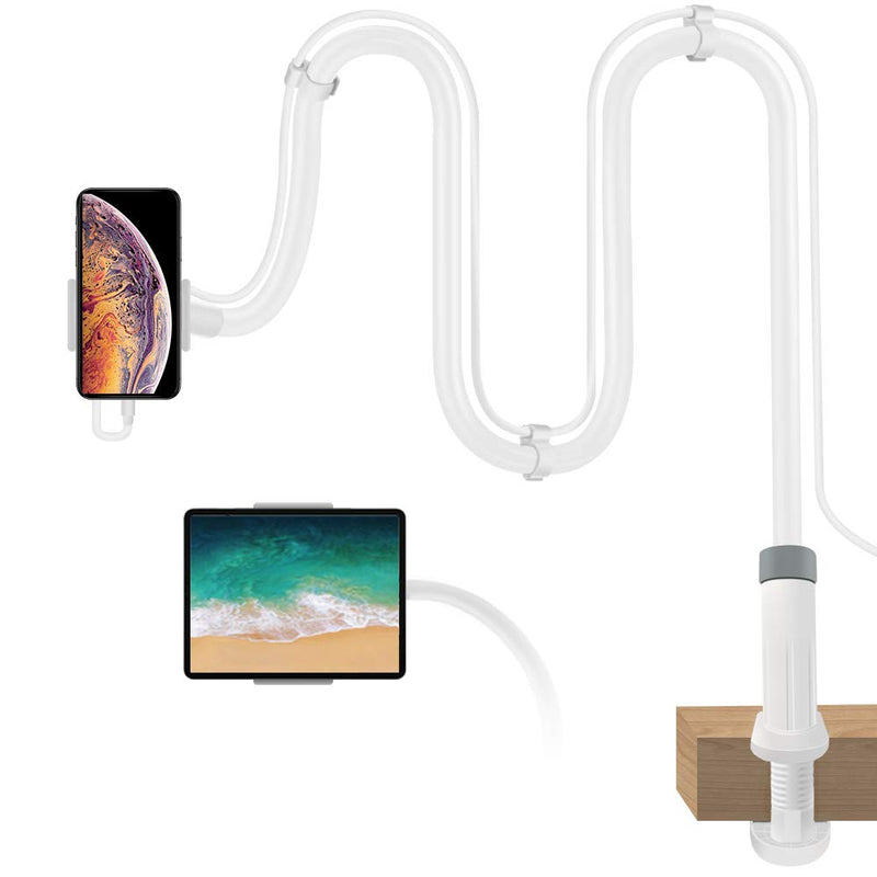 [Australia - AusPower] - Gooseneck Phone Holder with Clamp, White Cell Phone Stands, Flexible Overhead Table Stand, Long Arm Headboard Bedside Lazy Bracket for iPhone 11/11Pro XS, Samsung, iPad Mini/Max/Air & Smartphone 