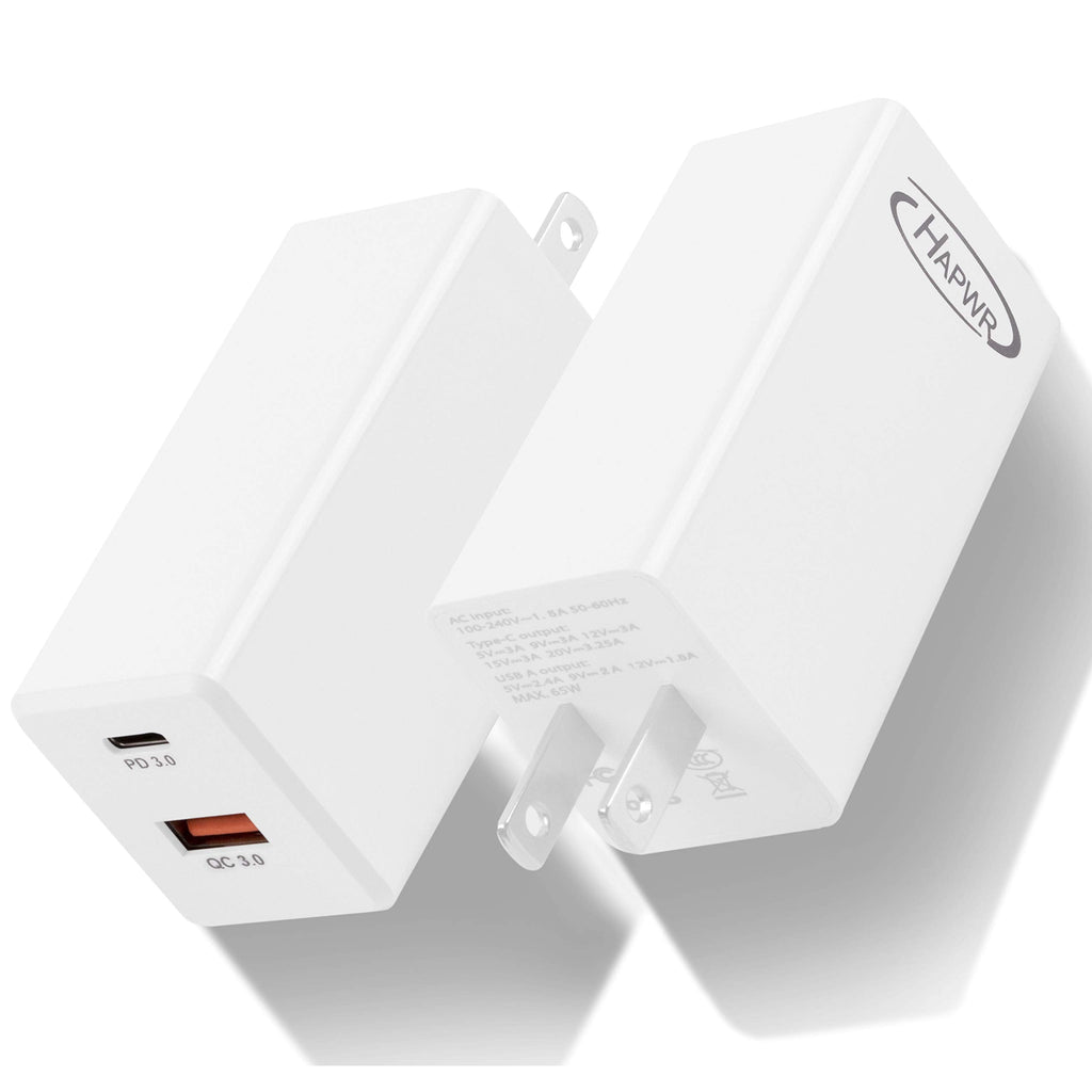 [Australia - AusPower] - USB C Charger [GaN Tech] 65W Dual Port PD Wall Charger with 5ft USB C Cable for MacBook, USB C Laptops, iPad Pro, iPhone12, Galaxy, Pixel and More (White) White 