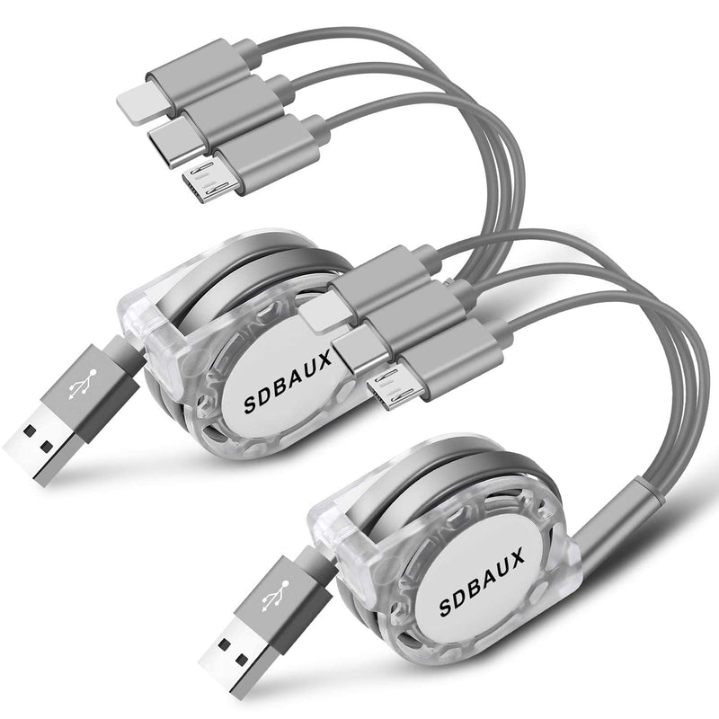 [Australia - AusPower] - SDBAUX 2Pack Multi USB Charger Cable Retractable 3 in 1 Multiple Charging Cord Adapter with Mini Type C Micro USB Port Connectors Compatible with Cell Phones Tablets Universal Use (3.3ft/Gray) 