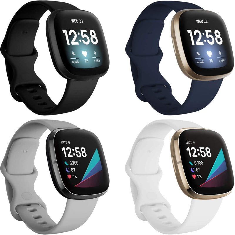 [Australia - AusPower] - iBREK 4-Pack Bands Compatible with Fitbit Sense/Versa 3, Silicone Replacement Smart Watch Sport Strap Accessories Wristband for Women Men Small Large 4 Pack:Black&White&Gray&Midnight Blue 