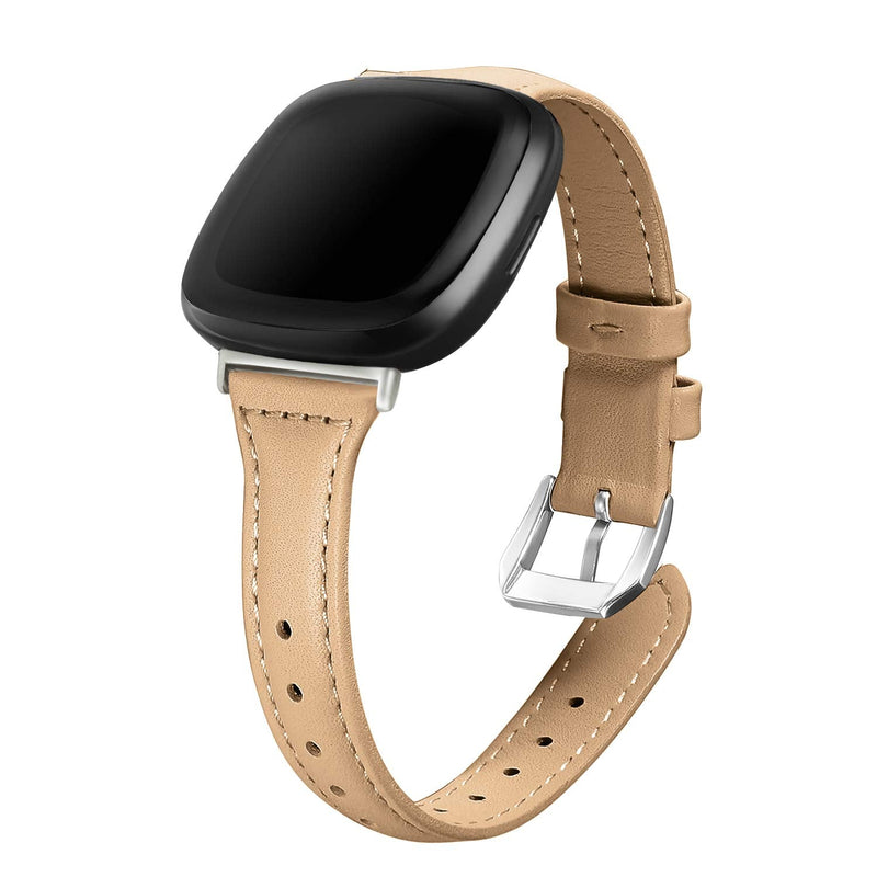 [Australia - AusPower] - CrocSee Leather Bands Compatible with Fitbit Versa 3/ Sense Fitness Smartwatch, Slim Top Grain Leather Replacement Strap for Women, Camel 