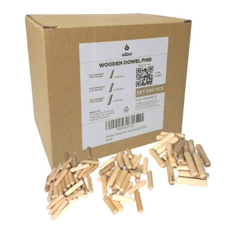 [Australia - AusPower] - ALBO Wooden Dowel Pins 500 Pack Assorted Sizes 1/4 + 5/16 + 3/8 inch Fluted Wood Dowels Rods Hardwood Crafts Dowel Pegs 