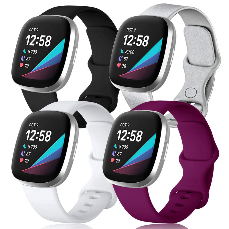 [Australia - AusPower] - Maledan Compatible with Fitbit Sense and Fitbit Versa 3 Bands for Men and Women, 4 Pack Soft Sport Wristband Accessories for Versa 3/Sense Smart Watch, Large Black/Sliver/Fuchsia/White Large(7.6"-9.1") 