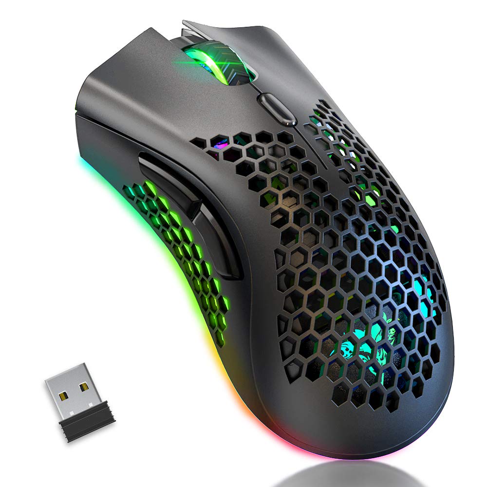 [Australia - AusPower] - BENGOO KM-1 Wireless Gaming Mouse, Computer Mouse with Honeycomb Shell, 6 Programmed Buttons, 3 Adjustable DPI, USB Receiver, Ergonomic RGB Optical Gamer Mice Mouse for Laptop PC Mac 