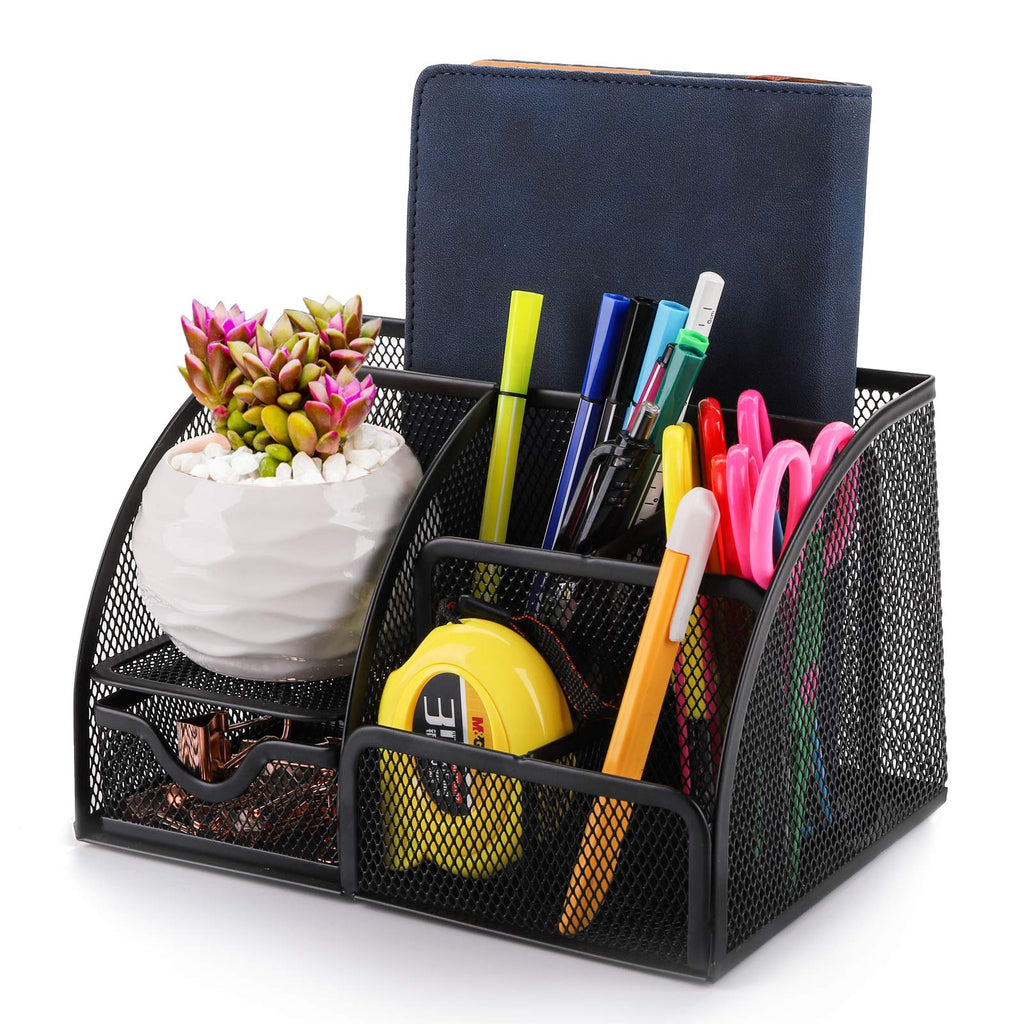 [Australia - AusPower] - Jucoan Metal Mesh Office Supplies Desk Organizer Caddy with 6 Compartments and 1 Drawer, Multi-Functional Desk Organizer and Accessories Holder for Home, School, Office 