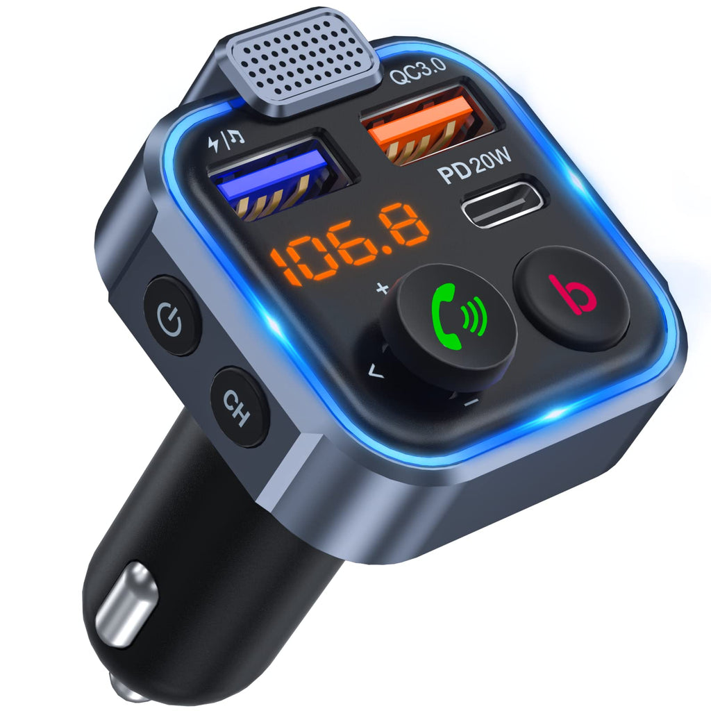 [Australia - AusPower] - [2022 Version] LENCENT FM Transmitter in-Car Adapter, Wireless Bluetooth 5.0 Radio Car Kit,Type-C PD 20W+ QC3.0 Fast USB Charger,Hands Free Calling, Mp3 Player Receiver Hi Fi Bass Support U Disk 