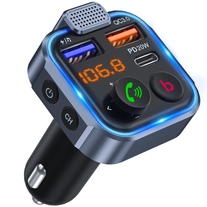 [Australia - AusPower] - [2022 Version] LENCENT FM Transmitter in-Car Adapter, Wireless Bluetooth 5.0 Radio Car Kit,Type-C PD 20W+ QC3.0 Fast USB Charger,Hands Free Calling, Mp3 Player Receiver Hi Fi Bass Support U Disk 