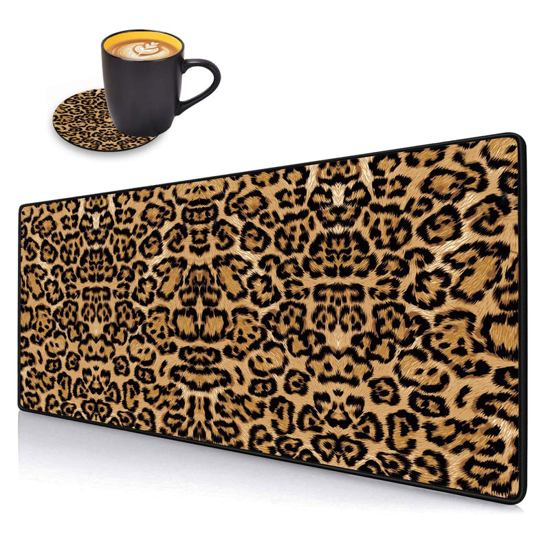 [Australia - AusPower] - Desk Pad Mat Gaming Mouse Pads with Coasters Set, Stitched Edges Design Mouse Pad XXL Large Mouse Pad for Laptop Computers Leopard Print Desk Writing Mat for Office & Home 31.5"x 11.8" 