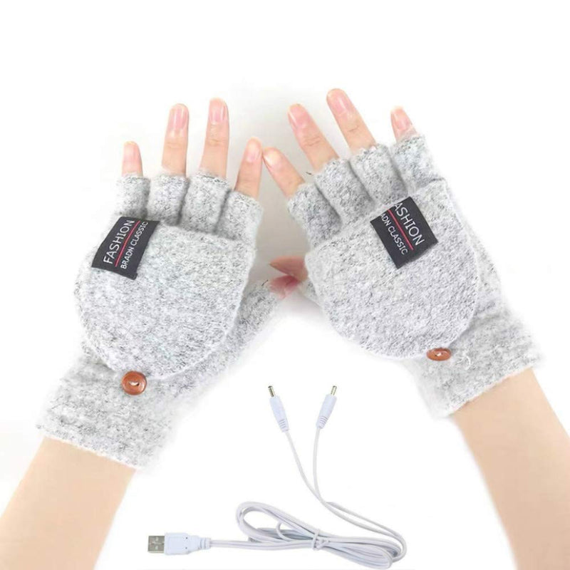 [Australia - AusPower] - Women's & Men's USB Heated Gloves Knitting Hands Full & Half Heated Fingerless Heating Warmer with Button Washable Design, Mitten Winter Hands Warm Laptop Gloves Gray 