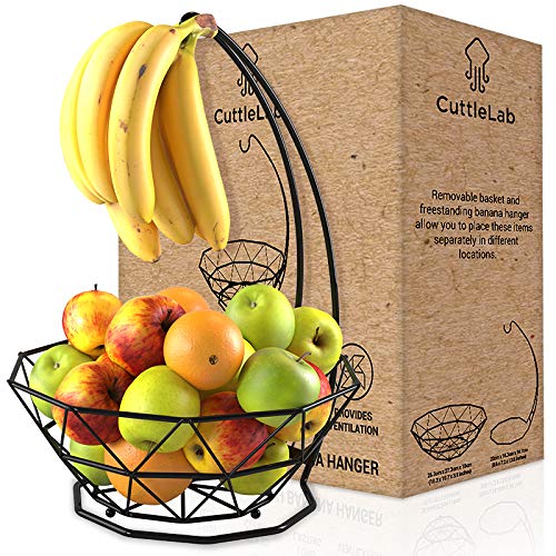 [Australia - AusPower] - Fruit Basket with Banana Hanger (Black, 1-Tier), Fruit Bowl with Banana Holder, Fruit Bowl for Kitchen Counter used as Bread Basket, Vegetable Basket, Fruit Stand or Egg Holder with Banana Tree Black 