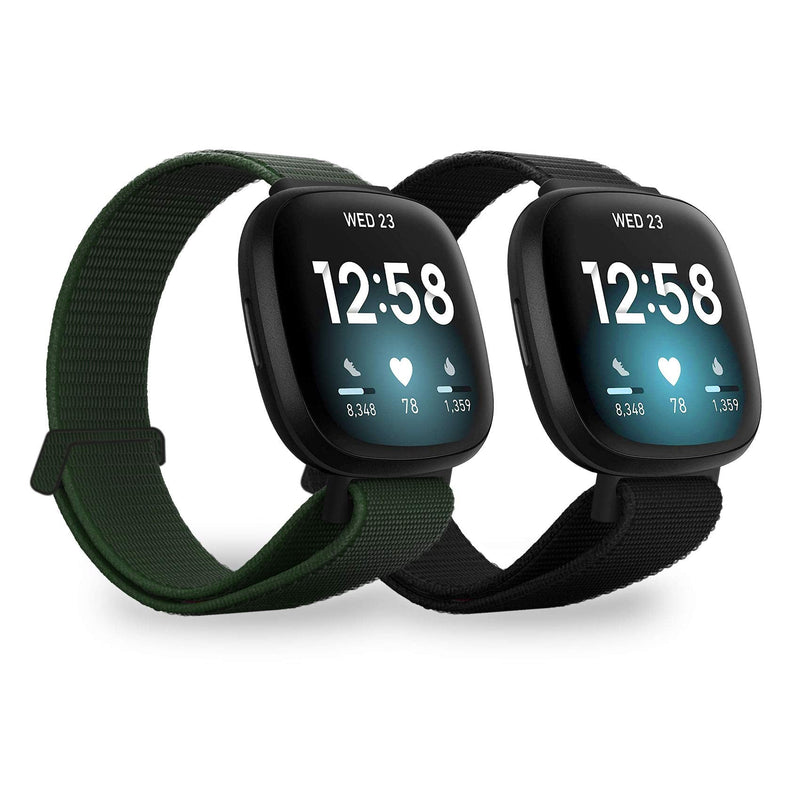 [Australia - AusPower] - Fvlerz Bands for Fitbit Sense/Fitbit Versa 3, 2 Pack Soft Nylon Breathable Sport Replacement Strap Women Men for Sense/Versa 3 Smartwatch Accessories  (Black+Army Green) Black+Army Green 