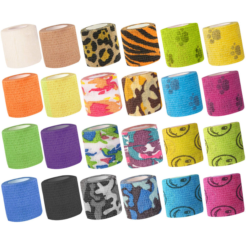 [Australia - AusPower] - HOCTRAKA 24Pack Self Adhesive Tape Vet Wrap Flex Bandages Leg Wrap Adherent Non-Woven for Dog Cat Horse Pet Animals Ankle Sprains & Swelling 2 Inch 5 Yards (Assorted Patterns) 