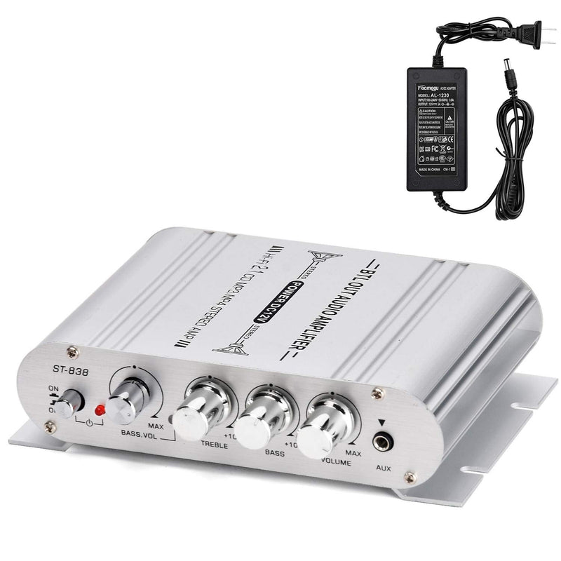 [Australia - AusPower] - Facmogu ST-838 40W 2x20W Mini Digital Hi-Fi Power Amplifier, 2.1CH Subwoofer Amp Stereo Bass Audio Player with 12V 3A Power Adapter, Stereo Amplifier System for CD MP3 MP4 PC Car Home Speaker 20Wx2+40W Passive Subwoofer No BT 