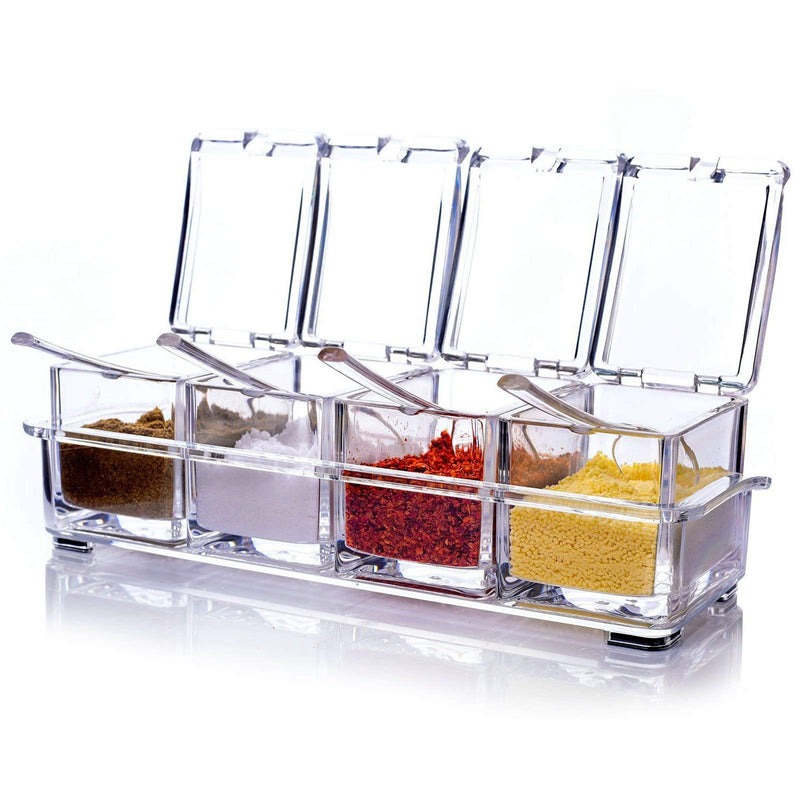 [Australia - AusPower] - 4 Compartment Clear Seasoning Box, Condiment Storage Container for Spice Salt Sugar, Cruet Jars with Spoons and Base Tray 