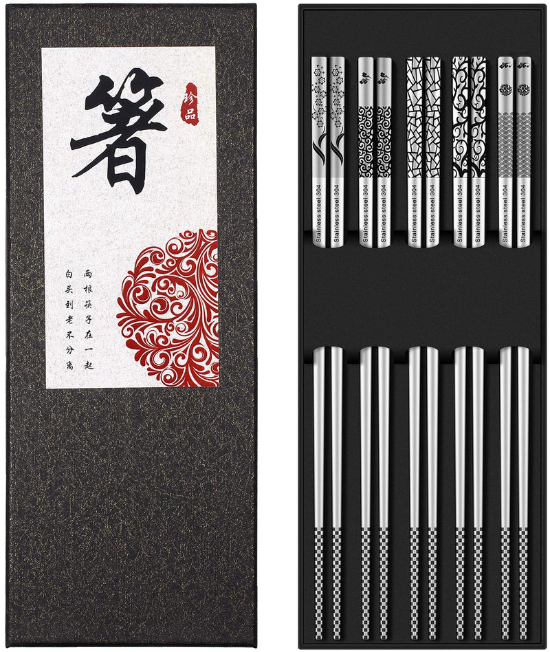 [Australia - AusPower] - Metal Chopsticks Reusable 18/8 Stainless Steel Chopsticks Multipack Dishwasher Safe Chop Sticks Cute Laser Engraved Non-slip Japanese Korean Chopstick for Cooking Eating 9 1/4 Inches 5 Pairs Gift Set Silver 