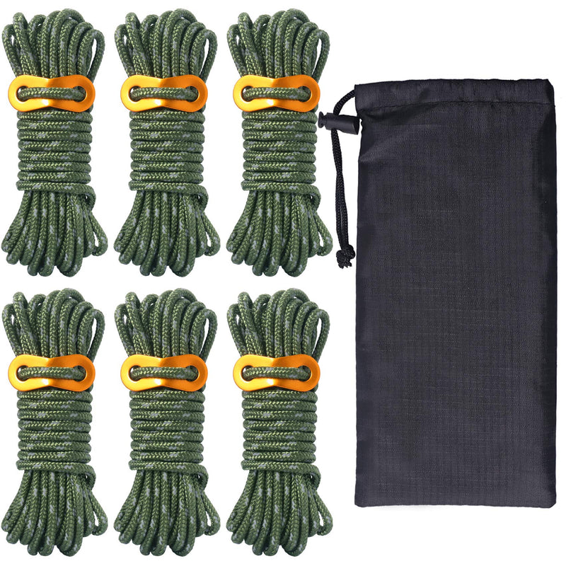 [Australia - AusPower] - Hikeman 6 Pack 4mm Outdoor Guy Lines Tent Cords Lightweight Camping Rope with Aluminum Guylines Adjuster Tensioner Pouch for Tent Tarp, Canopy Shelter, Camping, Hiking, Backpacking (Army Green) 