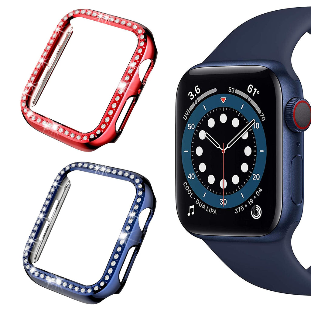 [Australia - AusPower] - KPYJA 2 Pack Protector Case Compatible with Apple Watch 44mm Cover, Bling Crystal Diamonds Protective Cover PC Plated Bumper Frame Compatible iwatch SE/Series 6/5/4 Smart Watch Red+Blue 