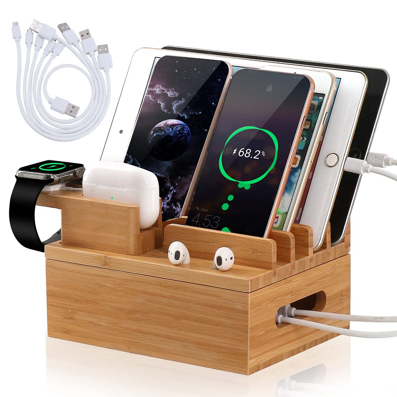 [Australia - AusPower] - Pezin & Hulin Bamboo Charging Station for Multiple Devices, Desktop Docking Station Organizer for Smarthone, Smart Watch, Earbuds, Cellphone, Tablet, (Included 5 Charging Cables, No USB Charger) 