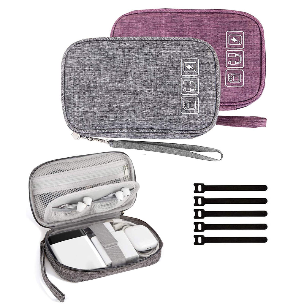 [Australia - AusPower] - Cable Organizer Bag, 2PCS Travel Cord Organizer Pouch Small Electronics Accessories Bag Tech Cord Storage Pouch for Cable, Charger, Phone, USB, SD Card,with 5pcs Cable Ties (Grey+Purple) Grey+Purple 