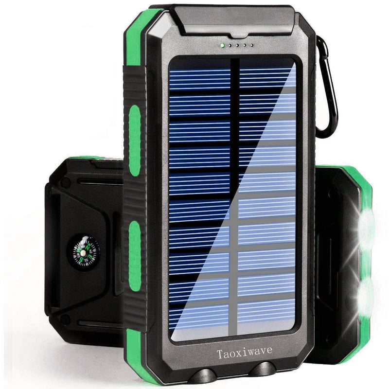 [Australia - AusPower] - Taoxiwave Solar Charger Solar Power Bank 20000mAh Waterproof Portable External Backup Outdoor Cell Phone Battery Charger with Dual LED Flashlights for Compatible with All Smartphone (Black & Green) Black & Green 