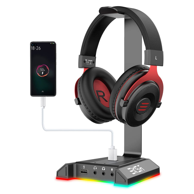 [Australia - AusPower] - RGB Headphone Stand with 7.1 Surround Sound, EKSA Gaming Headset Holder with USB & 3.5mm Ports, Headset Stand for Desk Perfect Gaming Accessories Gifts for Desktop Gamers, Suitable for Most Headphones 