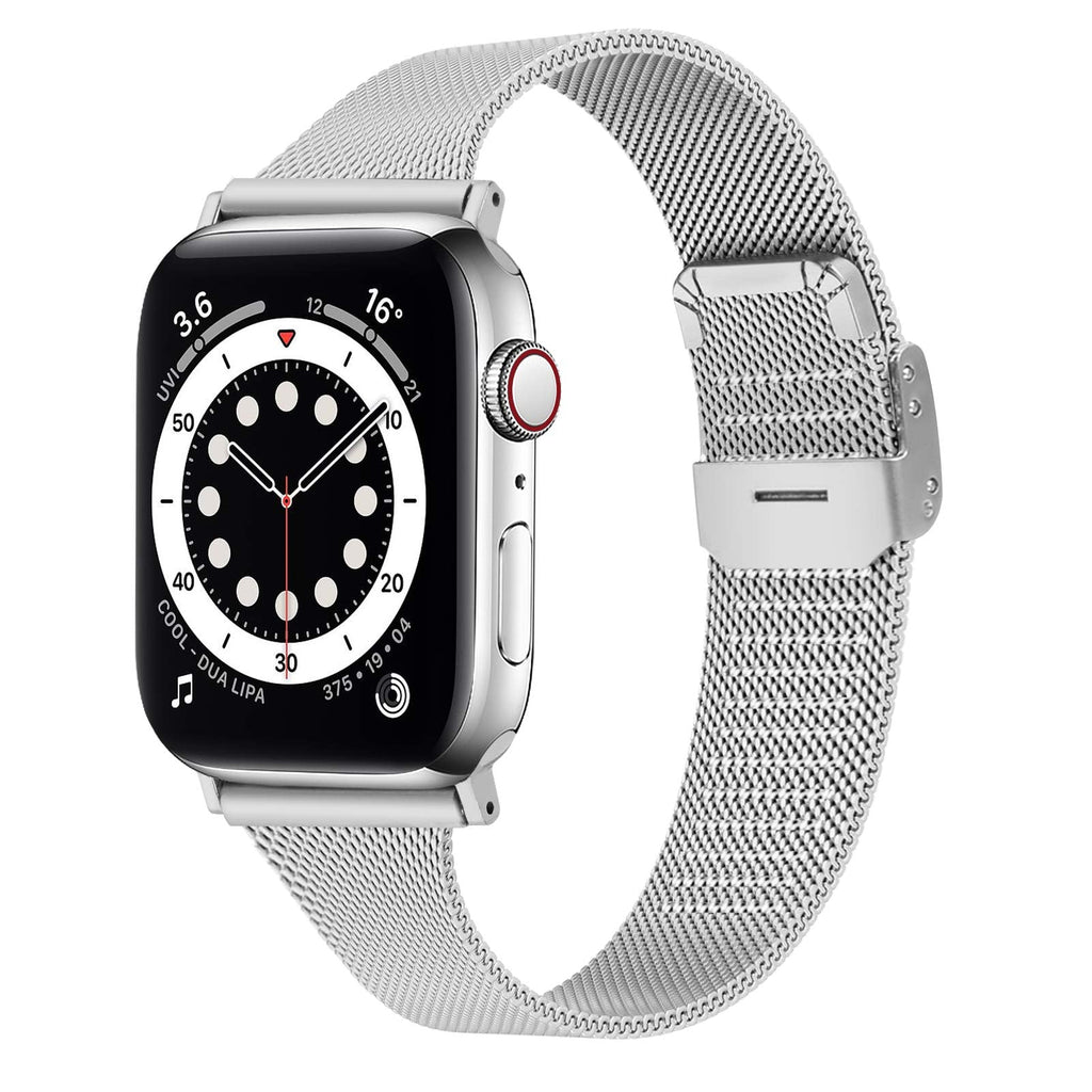 [Australia - AusPower] - OULUCCI Slim Bands Compatible with Apple Watch Band 38mm 40mm 42mm 44mm, Adjustable Metal Mesh Replacement Starp for Series 6/SE/5/4/3/2/1 Women Men Silver 38mm/40mm/41mm 
