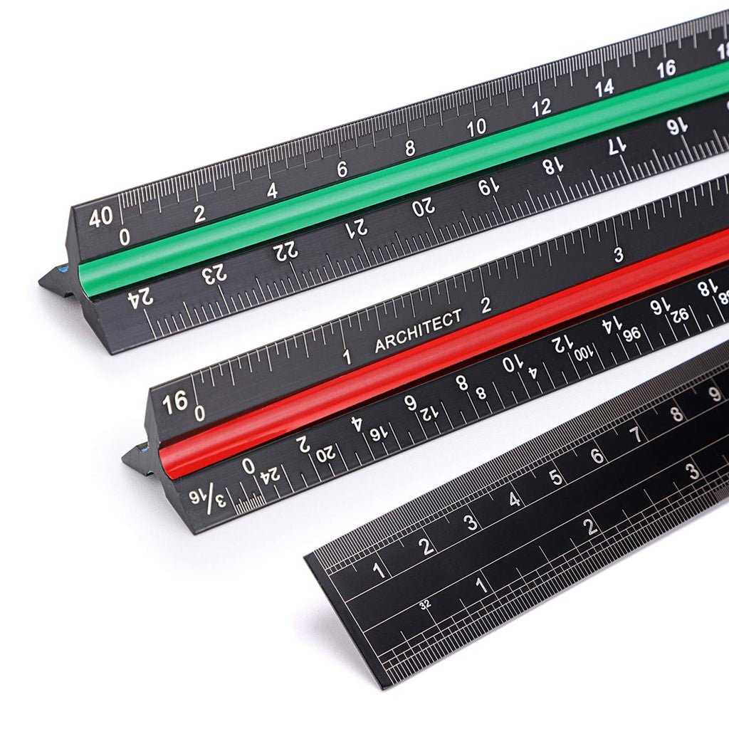 [Australia - AusPower] - OwnMy 3 Pack 12 Inch Solid Aluminum Triangular Architect Scale Ruler Set, 3-Colors-Groove Architectural and Engineer Scale Metal Ruler Set, Clear Scales Drafting Rulers for Engineer Blueprint Project Imperial Scale 